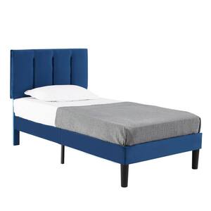 Upholstered Bedframe, Blue Metal Frame Twin Platform Bed with Adjustable Headboard, Wood Slat, No Box Spring Needed