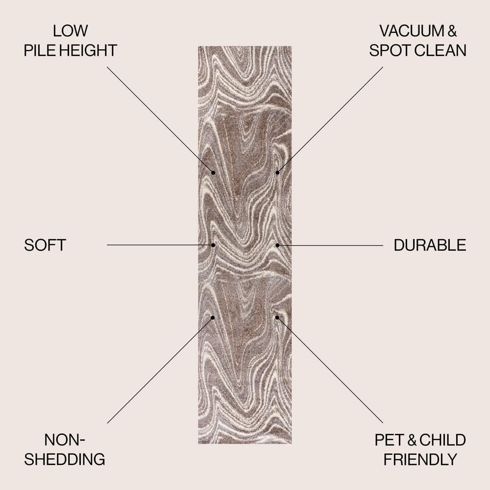 Brown and Cream Abstract Marble 2 x 8 Synthetic Runner Rug
