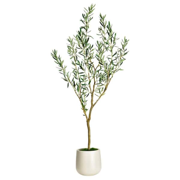 5 ft. Artificial Olive Tree in White Decor Pot, Faux Green Plant Indoor Home Decorative Planter