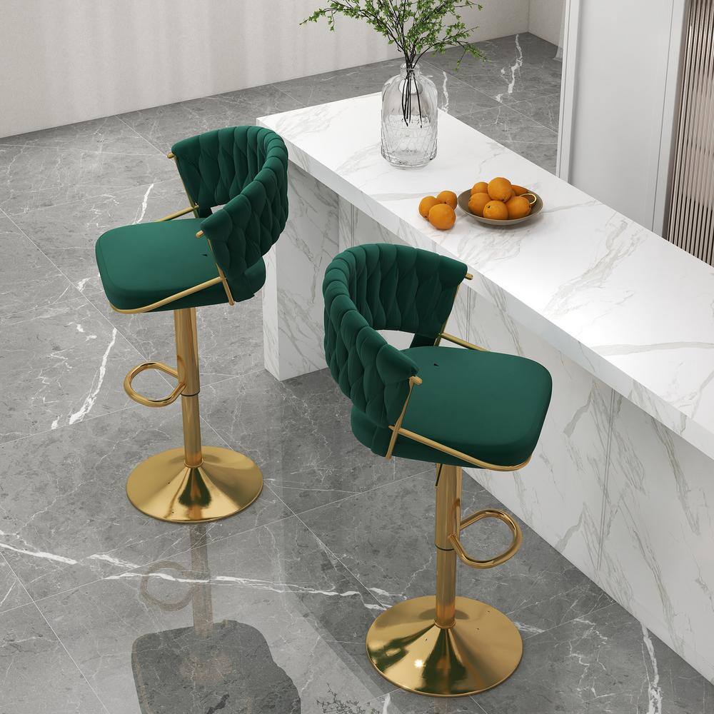 Emerald Green Velvet Adjustable Swivel Bar Stools with Gold Base, Set of 2