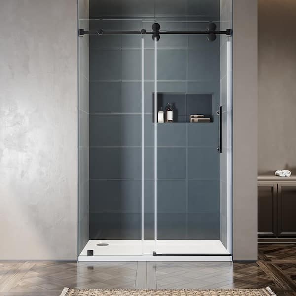 UNIKOO UKS04 50 to 55 in. W x 76 in. H Sliding Frameless Shower Door in Matte Black, Enduro Shield 3/8 in. SGCC Clear Glass