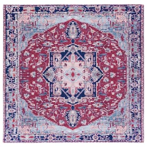 Tuscon Red/Navy 4 ft. x 4 ft. Machine Washable Border Floral Medallion Square Area Rug