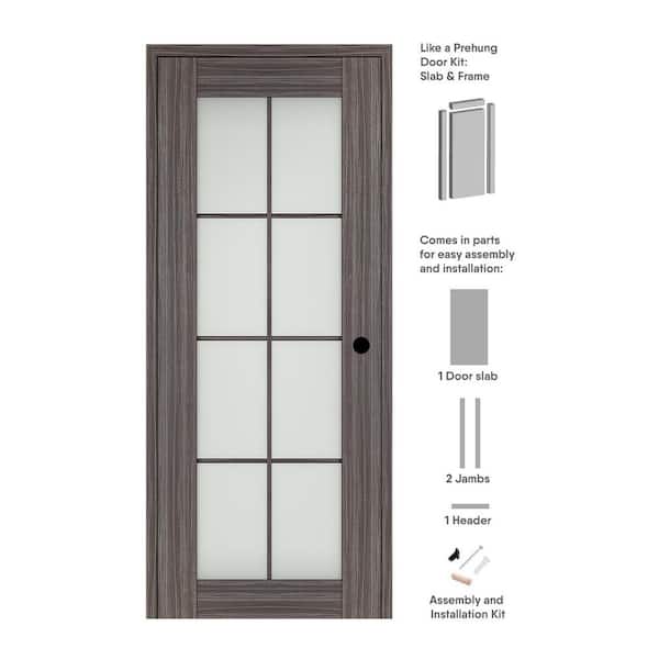 Paola 8 Lite 30 in. x 96 in. Left-Hand Frosted Glass Gray Oak Composite Solid Core Wood Single Prehung Interior Door