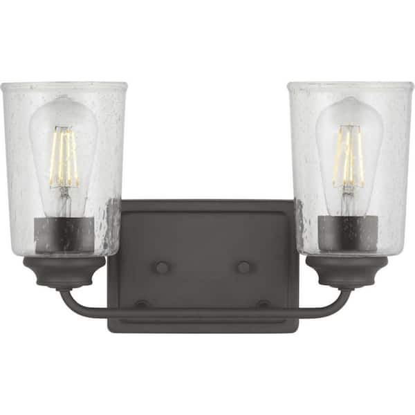 Hampton Bay Evangeline 13-5/8 in. 2-Light Modern Bronze Farmhouse Bathroom Vanity Light with Clear Seeded Glass Shades