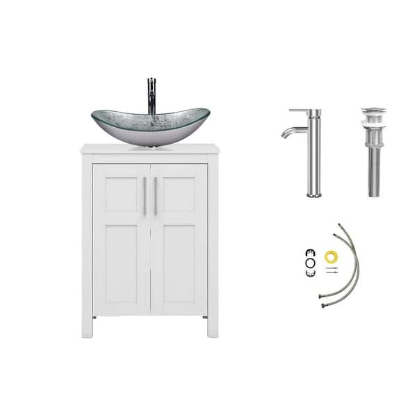 Puluomis 24 in. W x 18.1 in. D x 31.7 in. H Single Sink White Bath Vanity with White Solid Surface Top Silver Sink
