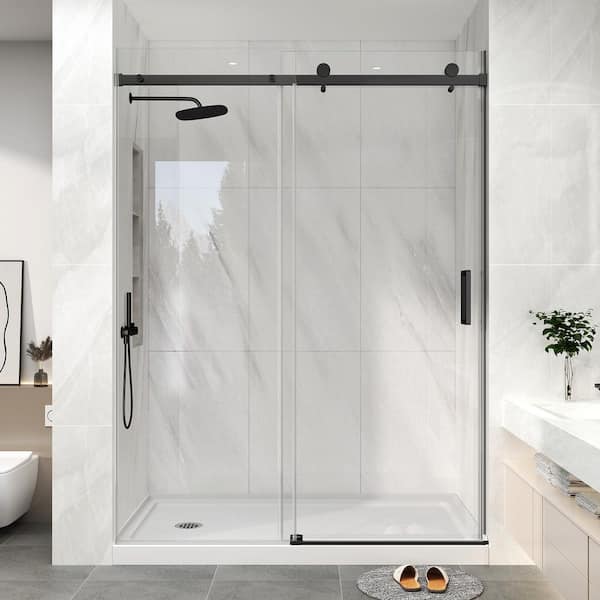 55-60 in. W x 76 in. H Sliding Frameless Shower Door in Matte Black with 1/4 in. Clear Tempered Glass