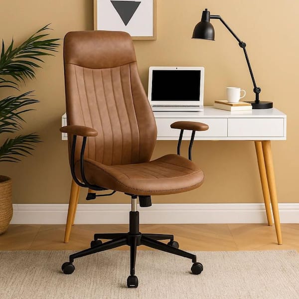 Anie Faux Leather Adjustable Height Ergonomic Home Office Desk Chair in Brown with Arms