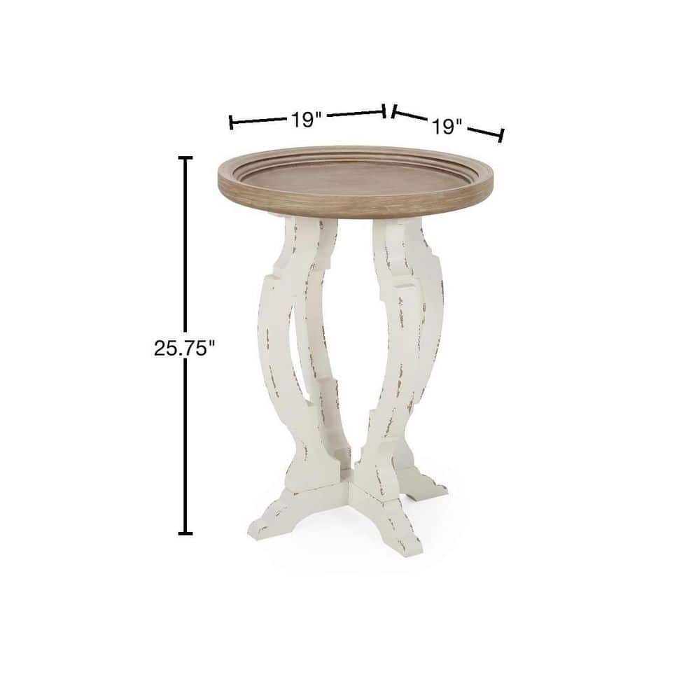 Elegant French Country Round Wood Accent Table in Distressed White