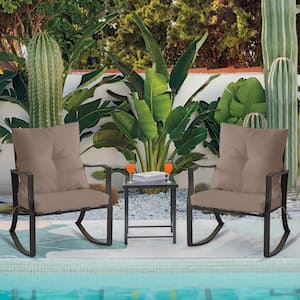 Metal Outdoor Rocking Chair with Khaki Cushions 3-Piece Rocking Bistro Set Patio Steel Conversation Glass Coffee Table