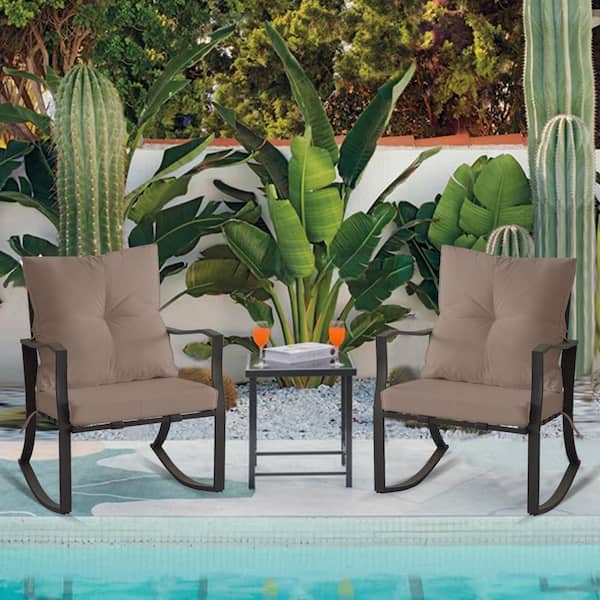 Runesay Metal Outdoor Rocking Chair with Khaki Cushions 3-Piece Rocking Bistro Set Patio Steel Conversation Glass Coffee Table
