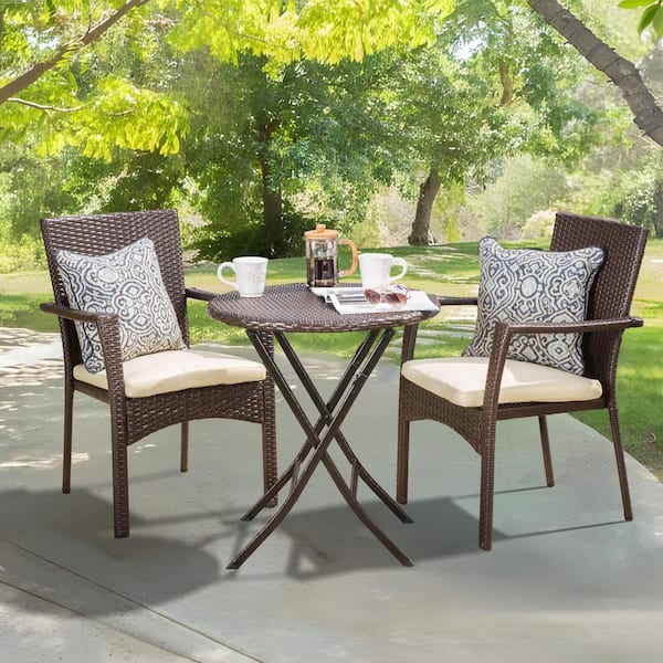 Unbranded 3-Piece PE Wicker Round Outdoor Bistro Set with Beige Cushions
