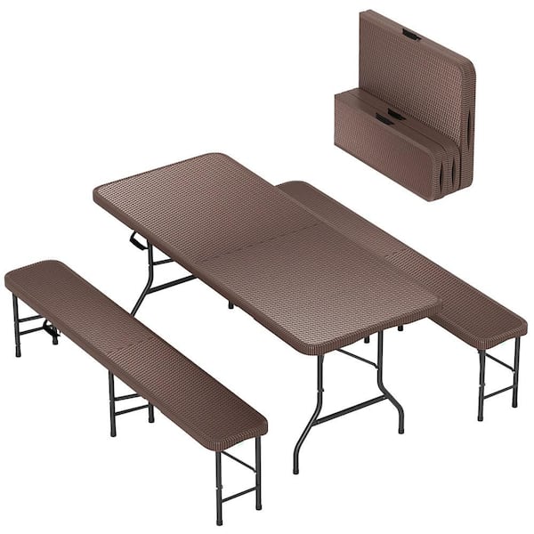Gymax 76 in. Coated Black Steel Frame Camping Table w/ Seats Heavy