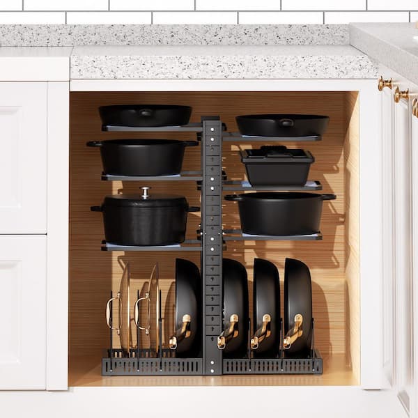 Black 6-Tier Height-Adjustable Pot Rack with Dividers for Cabinet Cookware Storage, Adjustable Height Up to 24 in.