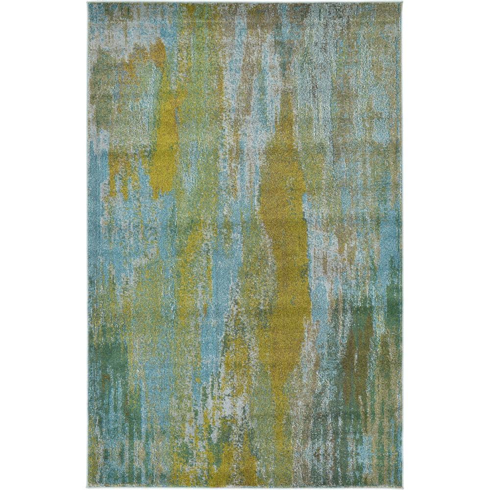 Turquoise and Gray Abstract Rectangular Area Rug, 5' x 8'