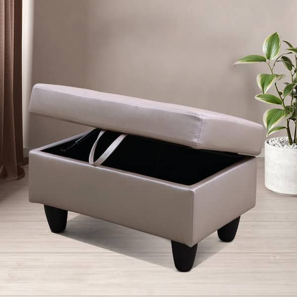 AndMakers 28.5 in. W Latte Faux Leather Rectangle Ottoman with Storage