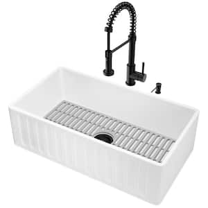 Matte Stone White Composite 33 in. Single Bowl Slotted Farmhouse Kitchen Sink with Faucet in Matte Black and Accessories