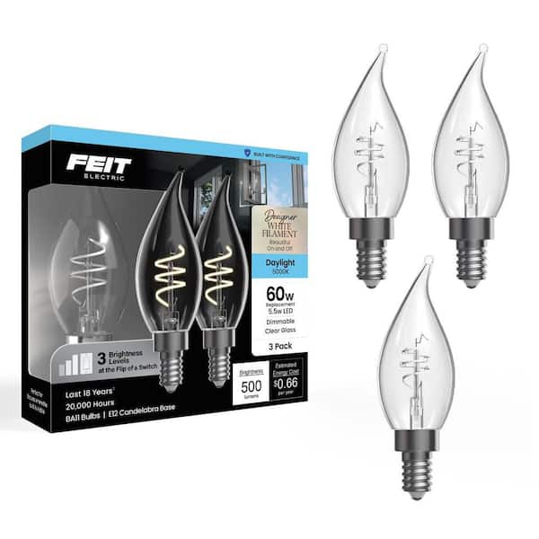 60W Equivalent BA11 E12 Candelabra Switch to Dim White Filament Clear Chandelier LED Light Bulb, Daylight 5000K (3-Pack)