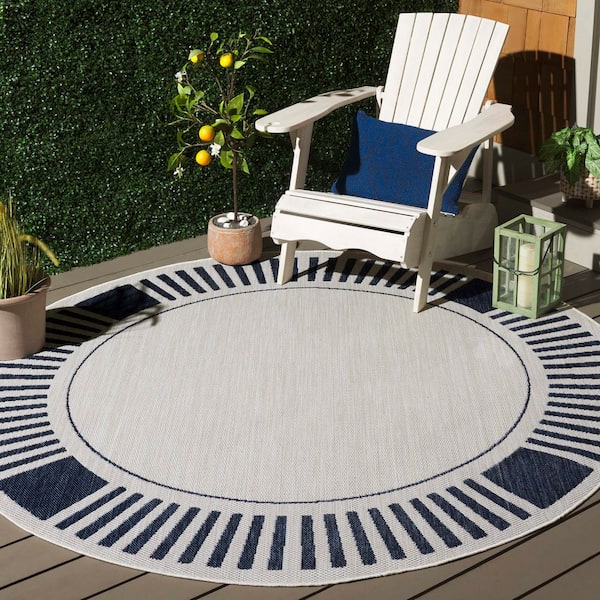 Beach House Ivory/Navy 7 ft. x 7 ft. Striped Border Indoor/Outdoor Round Area Rug