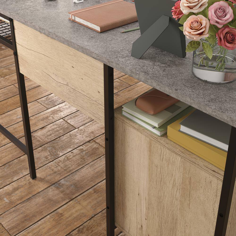 Gray Oak L-Shaped Computer Desk with Drawer and Filing Cabinet