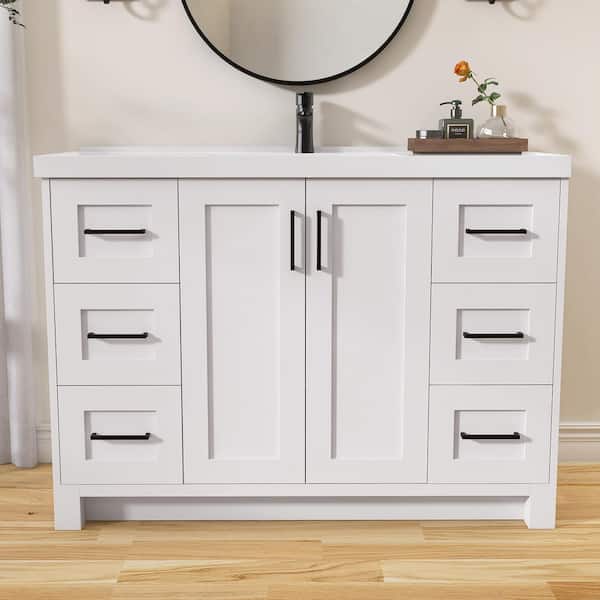 NTQ 48 in. W x 22 in. D x 36 in. H Bathroom Vanity Cabinet Single Sink Freestanding Bath Vanity White with White Resin Top