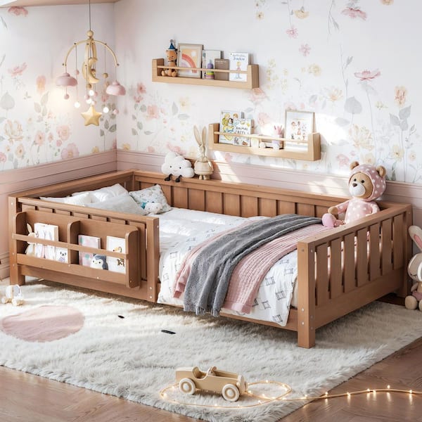 Dark Natural Twin Size Pine Wood Low Platform Bed with Safety Guardrails and Built-in Bookshelf
