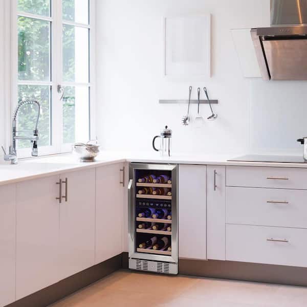 Dual Zone 29-Bottle Built-In Compressor Wine Cooler Fridge Quiet Operation and Beech Wood Shelves, Stainless Steel