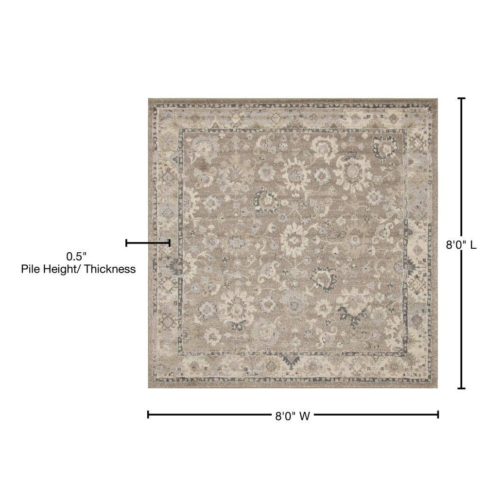 8' Square Light Brown Floral Synthetic Rug