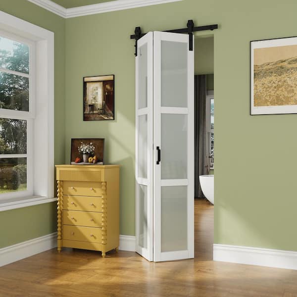 32 in. x 84 in. 3-Lite Tempered Frosted Glass White Finished Glass Bi-Fold Sliding Barn Door with Hardware Kit