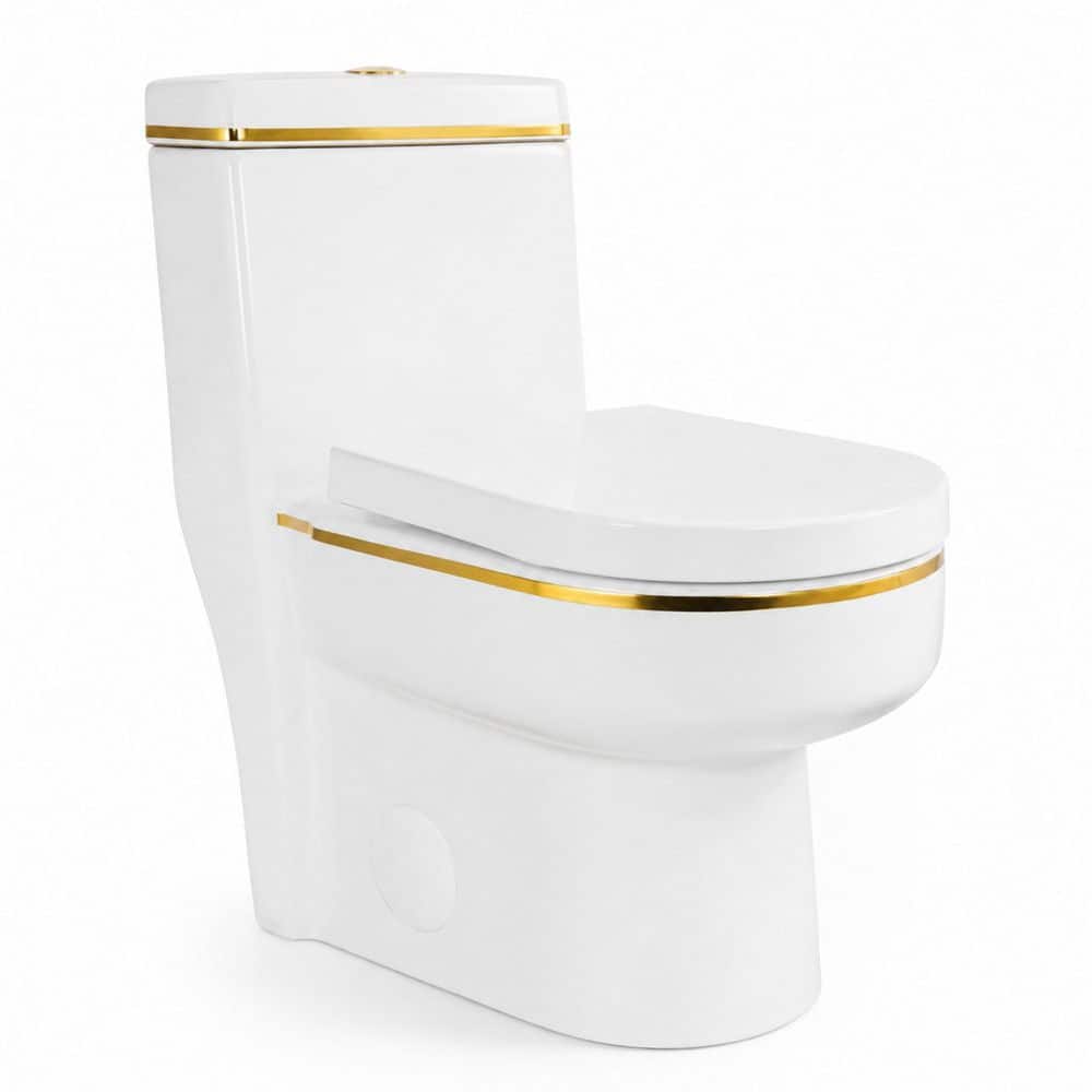 12 in. Rough-In 1-Piece 1.03/1.45 GPF Dual Flush Elongated Toilet in White with Gold Trim, Soft Close Seat price history on PriceWatchPro