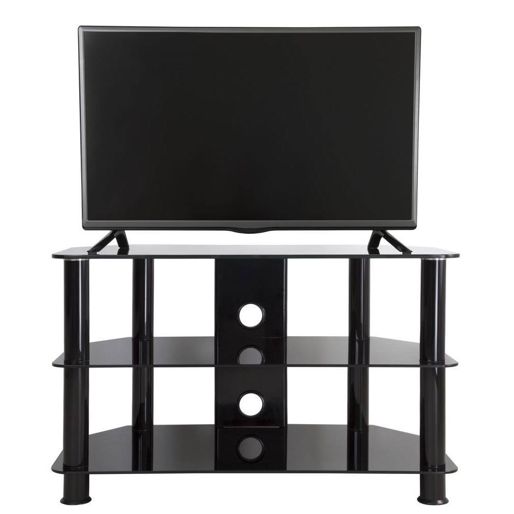 Sleek Black Stainless Steel and Tempered Glass Corner TV Stand