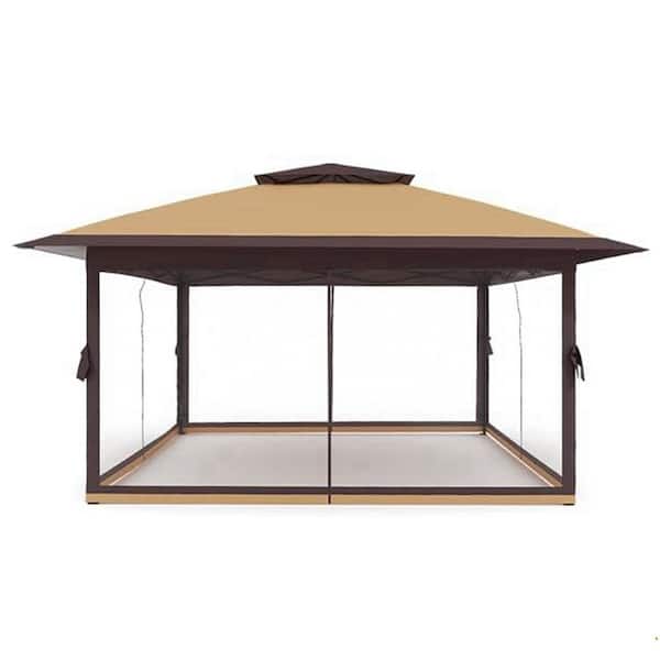 13 ft. x 13 ft. Double Roof Instant Pop Up Gazebo Canopy Tent Sun Shelter in Khaki with Netting and Adjustable Height