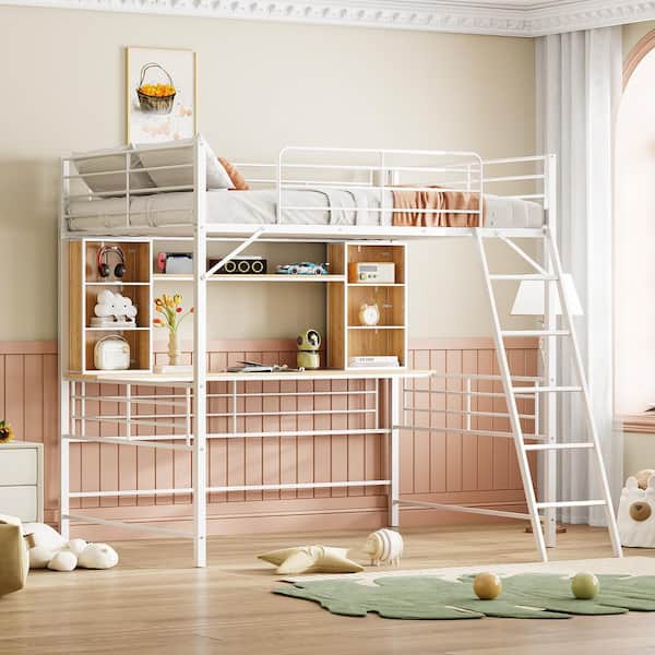 Harper & Bright Designs White Metal Full Size Loft Bed with Bookshelves, Built in. Desk, Sloping Ladder, Full-Length Guardrails