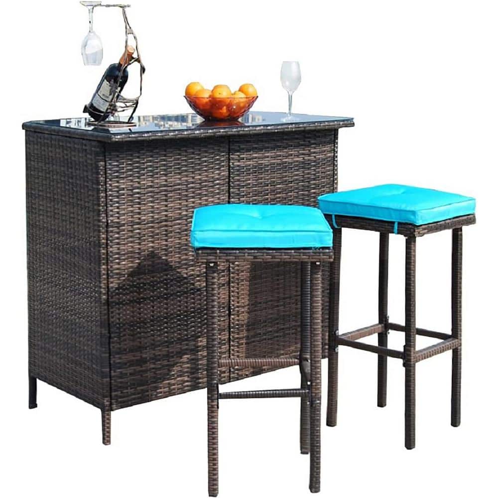 VIWAT 3Piece Brown Wicker Outdoor Serving Bar Set with Blue Cushions