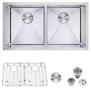 Kroos Silver Stainless Steel 32 in. Double Bowl Corner Undermount Workstation Kitchen Sink without Faucet