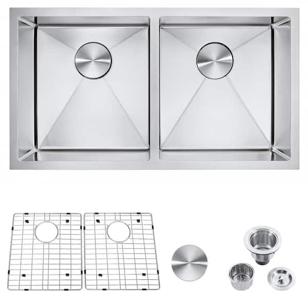 Hooseng Kroos Silver Stainless Steel 32 in. Double Bowl Corner Undermount Workstation Kitchen Sink without Faucet