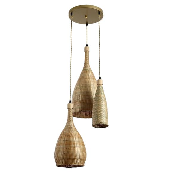 Rio 3-Light Natural Rattan Cluster Ceiling Pendant Light in Brass Modern Boho Hanging Chandelier