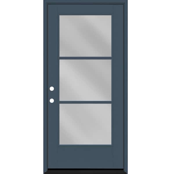 Legacy 36 in. x 80 in. Icon 3-Lite Modern Clear Glass RHIS Dark Denim Fiberglass Prehung Front Door