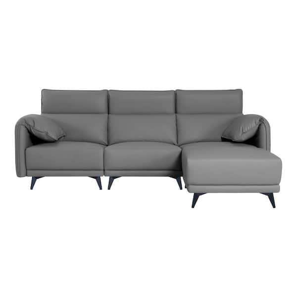 MAYKOOSH 93.31 in. Faux Leather 3-Seater Sofa Couch with Headrests and Ottoman Small Sectional Living Room Sofa Set in Gray