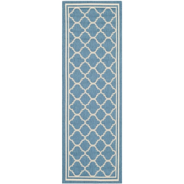 SAFAVIEH Courtyard Blue/Beige 2 ft. x 16 ft. Geometric Indoor/Outdoor Patio  Runner Rug