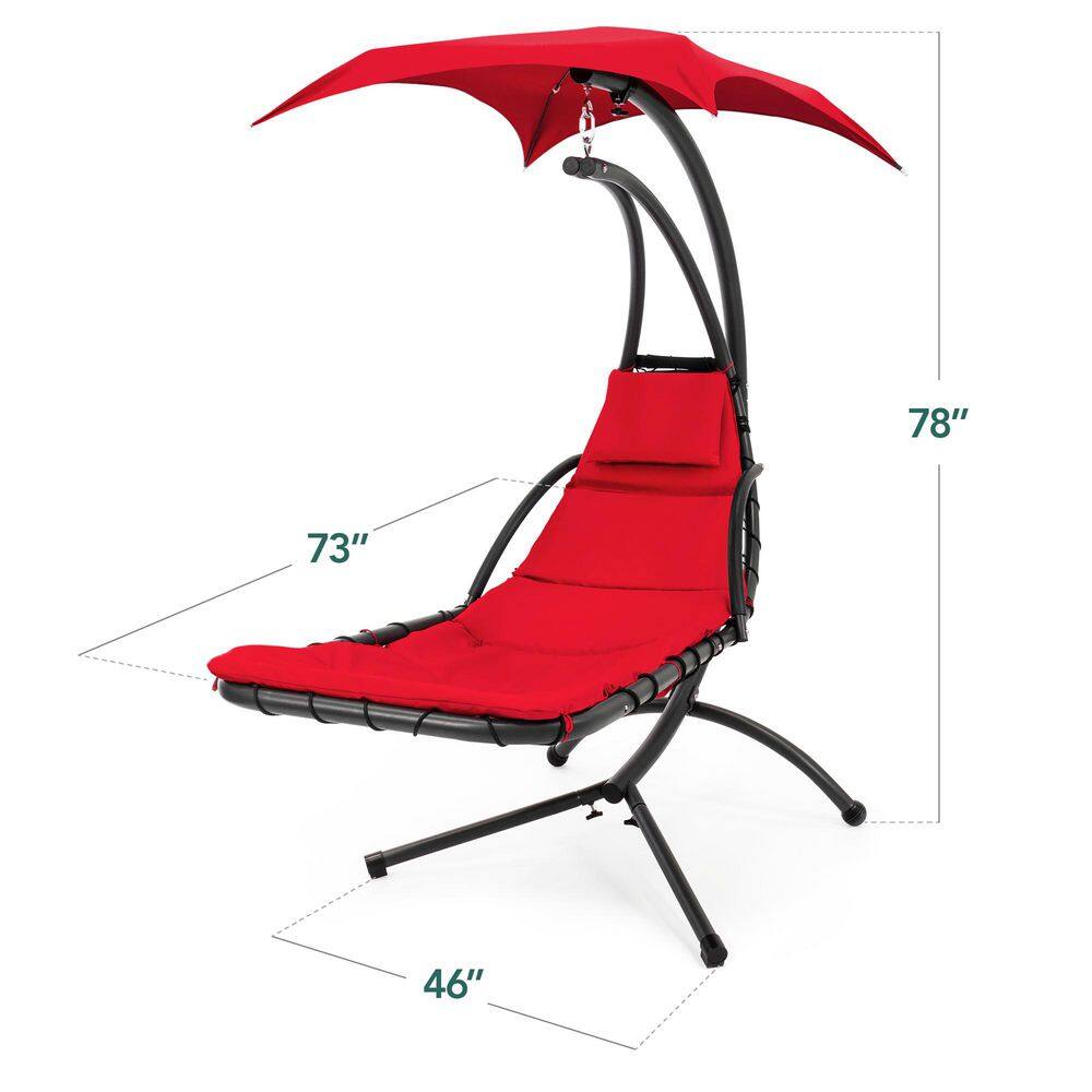 Curved Red Hanging Chaise Lounge Chair with LED Light and Canopy
