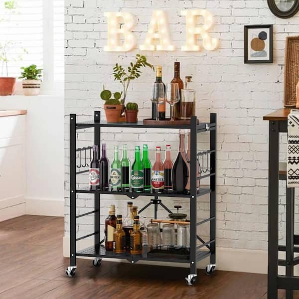 Hooure 3-Tier Collapsible Storage Shelves Folding Pantry Shelves Wire Shelving in Black with 6-Hooks for Garage Kitchen Room