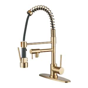 Single Handle Spring 2.2GPM Pull Out Sprayer Kitchen Faucet Deckplate Included in Brushed Gold