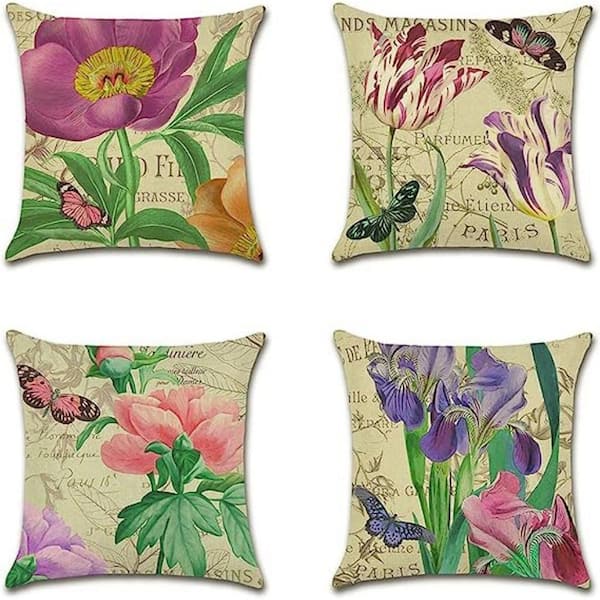 Unbranded 18 in.x 18 in. Outdoor Decorative Throw Pillow Covers Vintage Purple Flower Pattern Waterproof Cushion Covers (Set of 4)
