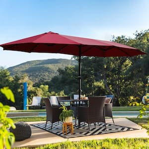 15 x 9 ft. Large Double-Sided Rectangular Outdoor Twin Metal Patio Market Umbrella with light and base in Red