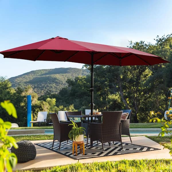 Unbranded 15 x 9 ft. Large Double-Sided Rectangular Outdoor Twin Metal Patio Market Umbrella with light and base in Red