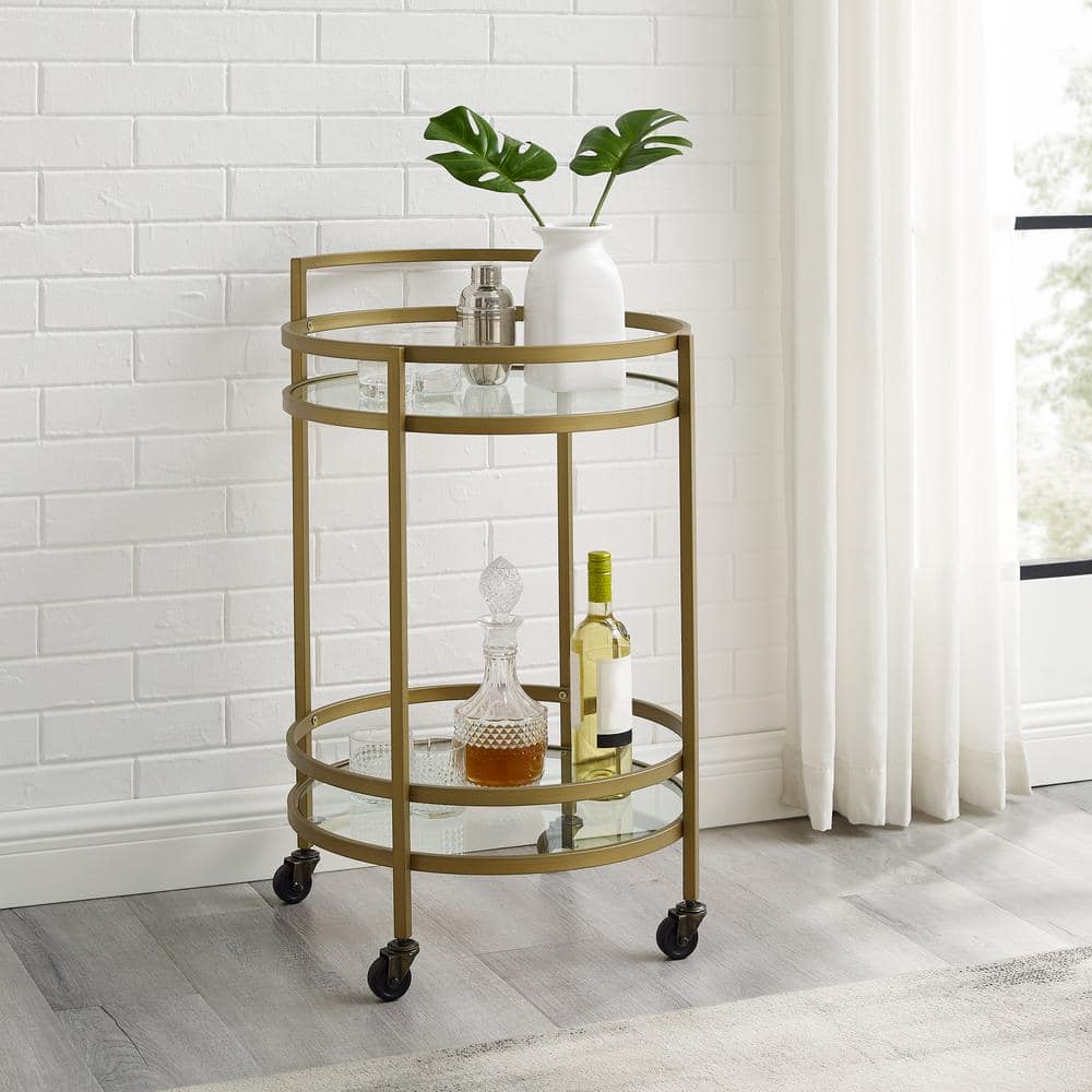 Bailey Modern Round Gold Bar Cart with Tempered Glass Shelves