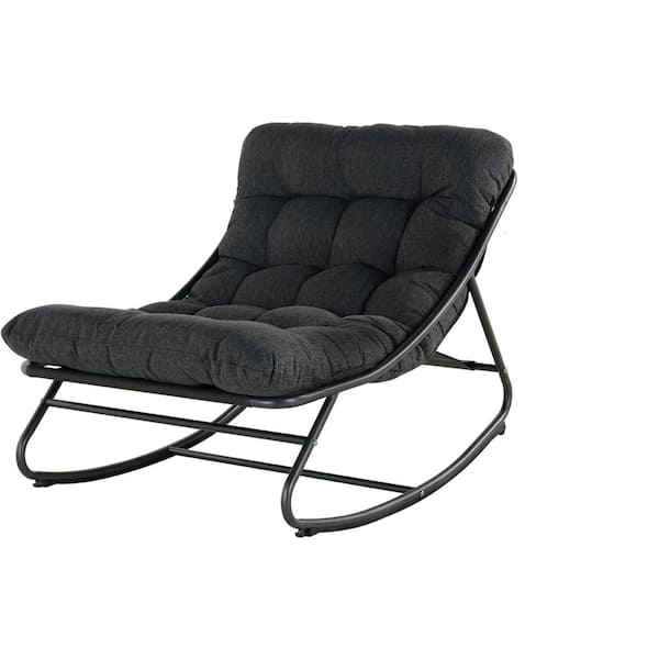 Comfy Black Metal Outdoor Rocking Chair Lounge Recliner with Gray Padded Cushion (1-Pack)