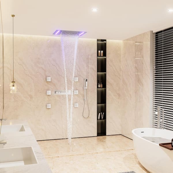 Luxury 5-Spray 2.5 GPM 19.7 in. Thermostatic Ceiling Mount Dual Shower Heads with LED and 6-Jet in Brushed Nickel