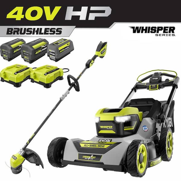 RYOBI 40-Volt HP Brushless Whisper Series 21 in. Walk Behind Self-Propelled All Wheel Drive Mower Trimmer 3 Batteries Chargers