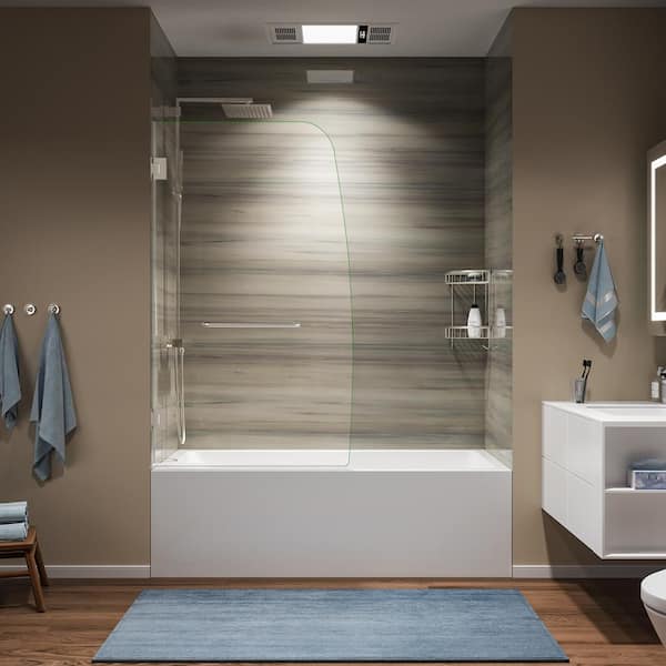 34 in. W x 58 in. H Pivot Frameless Tub Door in Brushed Nickel with 5/16 in. (8 mm) Tempered Clear Glass